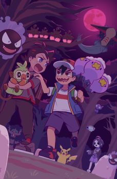 3boys :d allister_(pokemon) ash_ketchum balloon bare_tree black_hair blue_vest brown_eyes child commentary_request dragapult drifloon gastly gen_1_pokemon gen_3_pokemon gen_4_pokemon gen_6_pokemon gen_8_pokemon goh_(pokemon) grookey hat highres holding holding_balloon male_focus moon multiple_boys night nintendo open_clothes open_mouth open_vest outdoors pants pikachu pokemon pokemon_(anime) pokemon_(creature) pokemon_journeys possessed pumpkaboo red_hat red_socks sableye shirt shoes short_hair short_sleeves shorts shuan_0420 sinistea sky smile socks spiritomb standing t-shirt tongue tree trevenant vest