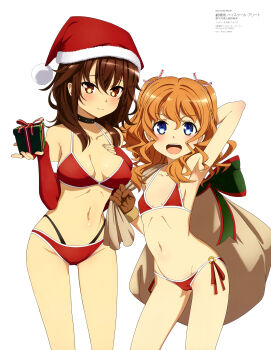 2girls :d absurdres anime_coloring arm_behind_head arm_up armpit_crease armpits bikini black_choker blue_eyes box breasts brown_eyes brown_gloves brown_hair choker cleavage closed_mouth collarbone copyright_name copyright_notice cowboy_shot fingerless_gloves flat_chest fur-trimmed_headwear fur_trim gift gift_box gloves groin hair_between_eyes hair_ribbon hand_on_own_chest hat high_school_fleet highres holding holding_gift holding_sack kuroki_hiromi layered_bikini li_yankang light_blush long_hair looking_at_viewer magazine_scan mc_axis medium_breasts multiple_girls navel o-ring o-ring_bikini o-ring_bikini_bottom o-ring_bottom official_art open_mouth orange_hair red_bikini red_gloves red_hat red_ribbon ribbon sack santa_bikini santa_costume santa_hat scan shiny_skin sidelocks simple_background smile standing stomach swimsuit teeth third-party_source two_side_up upper_teeth_only wavy_hair white_background yanagiwara_maron