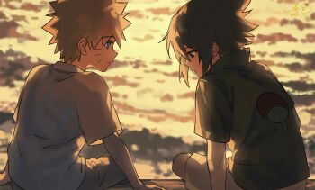 2boys black_eyes black_hair black_shirt blonde_hair blue_eyes child closed_mouth facial_mark haruiro_(hrm_ino) hashtag-only_commentary highres looking_at_another male_focus multiple_boys naruto_(classic) naruto_(series) shirt short_hair short_sleeves shorts sitting uchiha_sasuke uzumaki_naruto whisker_markings white_shirt white_shorts