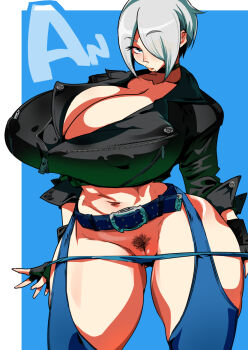 1girl alternate_breast_size_(larger) angel_(kof) backless_pants black_pubic_hair blue_eyes blush breasts chaps choker cleavage covered_erect_nipples female_pubic_hair fingerless_gloves gloves jacket kemonono_(inchiki_dou) large_breasts leather leather_jacket looking_at_viewer mismatched_pubic_hair navel open_mouth panties pants pubic_hair short_hair snk solo the_king_of_fighters the_king_of_fighters_xiv thighhighs underwear undressing