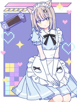 1girl absurdres animal_ears apron black_bow black_bowtie blue_dress blush border bow bowtie bright_pupils cat_ears cat_girl closed_mouth commentary commission dot_nose dress feet_out_of_frame frilled_apron frills gloves green_eyes grey_hair handheld_game_console heart highres indie_virtual_youtuber long_hair looking_at_viewer maid maid_headdress ochino_(vtuber) outside_border ruru_(rurumagi) short_sleeves sitting skeb_commission smile solo sparkle virtual_youtuber white_apron white_border white_gloves white_pupils