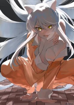 1girl :3 :p absurdres animal_ears artist_name bakemonogatari bakeneko barefoot black_hanekawa breasts cat_ears cat_girl cleavage commentary ekubokayo fang hair_between_eyes hanekawa_tsubasa highres large_breasts licking long_hair looking_at_viewer monogatari_(series) orange_pajamas pajamas slit_pupils smile solo tongue tongue_out very_long_hair white_hair yellow_eyes