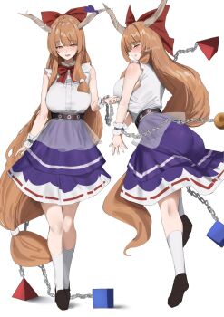 1girl 258n aged_up blush bow brown_hair brown_horns chain cube cuffs full_body hair_bow highres horn_bow horn_ornament horn_ribbon horns ibuki_suika kneepits long_hair low-tied_long_hair low-tied_sidelock multiple_views oni orange_hair orb own_hands_together purple_skirt pyramid_(geometry) red_eyes ribbon shackles shirt sidelocks simple_background skirt sleeveless socks standing torn_clothes torn_sleeves touhou very_long_hair white_background white_shirt white_socks
