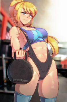 1girl abs blonde_hair breasts cleavage cowboy_shot exercising gym highres kagato007 kettlebell leotard medium_breasts metroid mole mole_under_mouth muscular muscular_arms muscular_female navel nintendo ponytail revealing_clothes samus_aran shiny_skin smile solo sports_bra standing thick_thighs thighhighs thighs toned two-tone_sports_bra