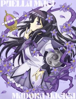 1girl akemi_homura akemi_homura_(magical_girl) ame_(tameste) black_hair black_hairband capelet character_name commentary copyright_name flower grey_capelet grey_skirt hairband highres long_hair magical_girl mahou_shoujo_madoka_magica mahou_shoujo_madoka_magica_(anime) pleated_skirt purple_background purple_eyes purple_flower purple_ribbon ribbon skirt soul_gem