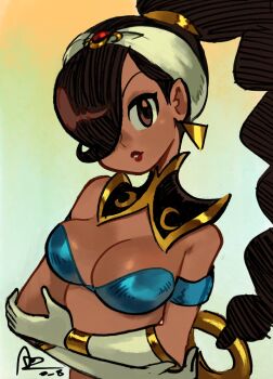 Rule 34 | 1girl, alex ahad, black eyes, braid, breasts, brown eyes, brown hair, capcom, cleavage, covered erect nipples, crossed arms, dark-skinned female, dark skin, earrings, gloves, gypsy, hair over one eye, highres, jewelry, large breasts, lips, long hair, midriff, power stone, rouge (power stone), signature, simple background, single braid, solo, twisted torso, upper body, white background
