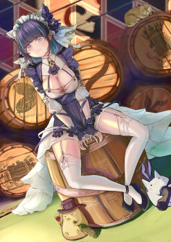 1girl :3 alcohol animal_ears apron azur_lane barrel black_shoes blue_eyes blue_hair blue_nails bottle breasts brown_hat cat cheshire_(azur_lane) cleavage colored_inner_hair commentary_request detached_sleeves dress dutch_angle eyeliner fake_animal_ears frilled_apron frilled_hairband frills garter_straps hairband hat high_heels highres holding holding_bottle indoors ito_lab lace lace-trimmed_thighhighs lace_trim large_breasts looking_at_viewer maid_headdress makeup manjuu_(azur_lane) medium_hair meowfficer_(azur_lane) multicolored_hair nail_polish on_barrel puffy_detached_sleeves puffy_sleeves purple_apron purple_hair purple_wrist_cuffs rabbit_ears red_eyeliner red_wine royal_navy_emblem_(azur_lane) shoes sitting solo streaked_hair thighhighs two-tone_hair white_cat white_dress white_garter_straps white_thighhighs wine wine_cellar wrist_cuffs yellow_cat
