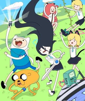 1boy 3girls :3 adventure_time animal_ear_headphones animal_ears aqua_halo aris_(blue_archive) armband black_eyes black_hair black_shorts black_skirt blonde_hair blue_archive blue_armband blue_necktie blue_sky blunt_bangs bmo bow card cat_ear_headphones cat_ears cat_tail cloud cloudy_sky collared_shirt commentary commentary_request creammilk_tea dog english_commentary fake_animal_ears fake_tail finn_the_human game_development_department_(blue_archive) green_halo hair_bow hair_ribbon halo headphones highres holding holding_card holding_sword holding_weapon horizon id_card jacket jake_the_dog kei_(robot)_(blue_archive) korean_commentary lanyard long_hair looking_at_another midori_(blue_archive) mixed-language_commentary momoi_(blue_archive) multiple_girls necktie one_side_up orange_halo outdoors parody parted_bangs pendleton_ward_(style) pink_halo rectangular_halo red_hair ribbon running schale_logo school_uniform sensei_(blue_archive) shirt short_hair short_sleeves shorts sidelocks skirt sky style_parody suspender_skirt suspenders sword tail tress_ribbon weapon white_jacket white_shirt yuzu_(blue_archive)