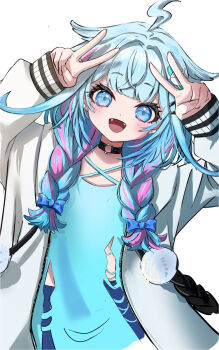 1girl ahoge black_choker blue_eyes blue_hair blue_shirt braid choker hair_flaps hair_ornament highres hinata_habi hololive hololive_dev_is jacket lightning_ahoge long_hair looking_at_viewer mizumiya_su multicolored_hair o-ring o-ring_choker open_mouth pink_hair shirt smile solo streaked_hair twin_braids virtual_youtuber