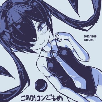 1girl backbeako_(torotei) backbeard blue_background blue_theme blush bow breasts closed_mouth collared_leotard commentary dated dated_commentary dutch_angle gegege_no_kitarou hair_bow hair_over_one_eye hand_up kono_lolicon_domome leotard long_hair looking_at_viewer monochrome necktie original paid_reward_available petite pointy_ears simple_background small_breasts smile solo torotei translated twintails very_long_hair watermark web_address