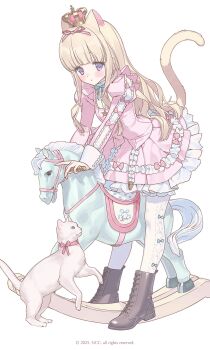 1girl animal animal_ears blue_bow blue_bowtie blunt_bangs boots bow bowtie brown_boots cat cat_ears cat_girl cat_tail closed_mouth crown dress frilled_dress frills full_body highres juliet_sleeves long_sleeves nagisa_no_cherii original pantyhose pink_dress puffy_sleeves purple_eyes rocking_horse simple_background solo tail watermark white_background white_pantyhose