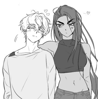 ... 1boy 1girl alien_stage commentary crop_top english_commentary greyscale heart hyuna_(alien_stage) long_hair lubya luka_(alien_stage) monochrome navel shirt short_hair sleeveless sleeveless_shirt thick_eyebrows very_long_hair