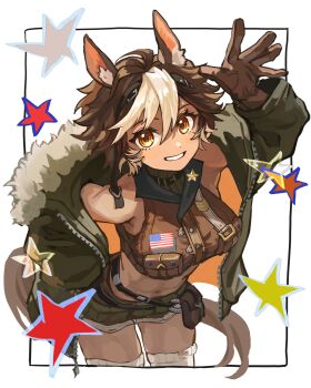 1girl ahoge american_flag animal_ears breasts brown_eyes brown_hair buttons fujinoto hair_between_eyes highres horse_ears horse_girl horse_tail indie_virtual_youtuber jacket leaning_forward multicolored_hair navel open_clothes open_jacket second-party_source smile solo star_(symbol) star_in_eye symbol_in_eye tail thighhighs tomoe_umari two-tone_hair virtual_youtuber white_hair white_thighhighs zipper