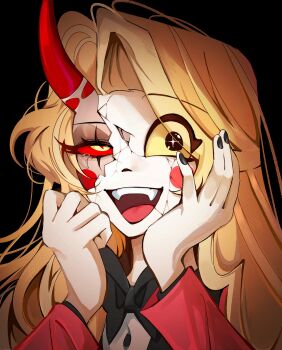 1girl :d absurdres black_bow black_bowtie black_nails blonde_hair blush_stickers bow bowtie broken_mask charlie_morningstar colored_sclera colored_skin demon_girl formal_clothes hands_up hazbin_hotel hellaverse highres horns jacket long_hair long_sleeves mask nail_polish open_mouth red_eyes red_jacket single_horn smile suit teeth tongue upper_teeth_only yp_katelove