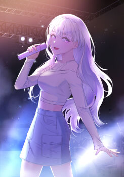Rule 34 | 1girl, absurdres, bare shoulders, blue skirt, blueiseul, denim, denim skirt, feet out of frame, highres, holding, holding microphone, ine (vtuber), long hair, long sleeves, looking at viewer, microphone, midriff, music, off-shoulder shirt, off shoulder, open mouth, purple eyes, shirt, sidelighting, singing, skirt, solo, stage lights, virtual youtuber, waktaverse, white hair, white shirt