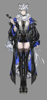 absurdres animal_ear_fluff animal_ears asymmetrical_bangs belt black_boots black_choker black_coat black_hair black_thighhighs blue_eyes blue_hair blue_nails boots breasts cat_ears cat_girl cat_tail choker coat commentary_request earrings full_body fur_scarf grey_hair grey_scarf highres holding holding_removed_eyewear indie_virtual_youtuber jewelry latex_shorts lightning_bolt_earrings lightning_bolt_symbol long_hair looking_at_viewer medium_breasts mole mole_on_breast multicolored_eyes multicolored_hair nail_polish off_shoulder official_art open_clothes open_coat parted_lips plunging_neckline scarf see-through_clothes simple_background straight-on streaked_hair sunglasses sutu_karma tachi-e tail thigh_belt thigh_boots thigh_gap thigh_strap thighhighs two-sided_coat two-sided_fabric two-tone_eyes unworn_eyewear very_long_hair vinegar_kira virtual_youtuber white_background yellow_eyes