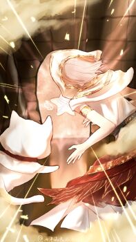 1girl absurdres animal armlet belt black_belt capelet cat chinese_commentary cloak clothed_animal commentary_request doorway ear_covers emphasis_lines feet_out_of_frame floating floating_clothes floating_hair from_behind gold_armlet haiyang_liuhuo headscarf highres hood hood_up hooded_cloak indoors infinity_nikki jewelry medium_skirt momo_(nikki) nikki_(nikki) nikki_(series) official_alternate_costume pink_hair pleated_skirt red_skirt shirt short_hair skirt star_(symbol) striped_clothes striped_skirt vertical-striped_clothes vertical-striped_skirt whimstar_(infinity_nikki) white_capelet white_cat white_cloak white_headscarf white_shirt