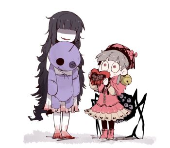 2girls black_hair black_pantyhose blood boots bug character_request child colored_skin commentary_request dress extra_eyes grey_hair hat heart holding holding_heart holding_stuffed_toy in-franchise_crossover laetitia_(project_moon) limbus_company lobotomy_corporation long_hair multiple_girls open_mouth pantyhose partially_shaded_face pink_boots pink_dress project_moon red_eyes red_hat sabaage simple_background sitting smile spider stuffed_animal stuffed_toy very_long_hair white_background white_skin wide-eyed will_you_play?