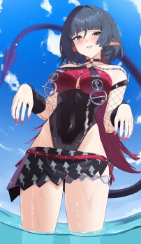 1girl 4kebidayo absurdres animal_ears bare_shoulders black_hair black_one-piece_swimsuit black_sarong blue_eyes blue_sky blush breast_curtains breasts choker cleavage cloud collarbone commentary_request covered_navel cowboy_shot earrings fingernails fishnet_sleeves fishnets half-closed_eyes highres jane_doe_(nocturne_of_light)_(zenless_zone_zero) jane_doe_(zenless_zone_zero) jewelry large_breasts leather_leotard long_hair looking_at_viewer mouse_ears mouse_girl mouse_tail multicolored_hair o-ring o-ring_choker o-ring_swimsuit official_alternate_costume one-piece_swimsuit outdoors parted_lips red_hair red_nails red_one-piece_swimsuit sarong sharp_tail sky solo swimsuit tail two-tone_one-piece_swimsuit wading water zenless_zone_zero