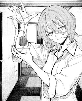 1girl closed_mouth downer_onee-san_(downer_onee-san_wa_asobitai) downer_onee-san_wa_asobitai hair_between_eyes highres indoors looking_at_viewer medium_hair monochrome official_art pajamas solo yamadaka_kei yo-yo