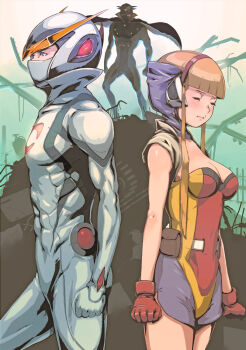 1girl android armor blonde_hair blue_eyes bodysuit breasts casshern casshern_(series) cyborg gloves helmet highres kouzuki_luna large_breasts mask robot_hunter_casshern skin_tight takemaru08 twintails