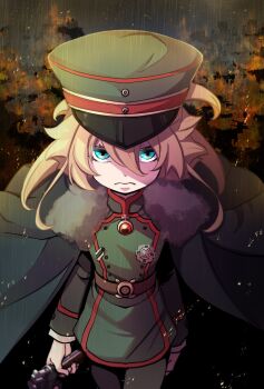 Rule 34 | 1girl, ahoge, belt, black cape, blonde hair, blue eyes, brown belt, cape, commentary request, frown, fur-trimmed cape, fur trim, green hat, green jacket, gun, hair between eyes, hal (goshujinomocha), hat, highres, holding, holding gun, holding weapon, jacket, looking at viewer, military, military uniform, solo, tanya degurechaff, weapon, youjo senki