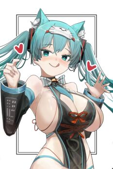 1girl :q animal_ear_fluff animal_ears aqua_eyes aqua_hair bell between_breasts bow bowtie breasts cat_ears cat_girl cleavage commentary detached_sleeves hatsune_miku heart highres huge_breasts long_hair looking_at_viewer naked_tabard neck_bell simple_background solo tabard tongue tongue_out upper_body vocaloid white_background white_bow white_bowtie yuyu190