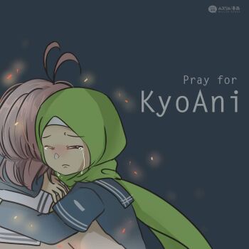 Rule 34 | 2girls, antenna hair, blue shirt, brown hair, brown shirt, clannad, closed eyes, crying, english text, furukawa nagisa, green hijab, highres, hijab, hug, kyoto animation, long sleeves, multiple girls, islam, muslim manga, original, school uniform, shirt, simple background, tears, upper body