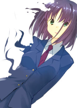 00s 1girl arms_behind_back blazer disintegration ecocube eka_eri fading female_focus green_eyes jacket necktie purple_hair saki_(manga) school_uniform smile solo touyoko_momoko vanishing