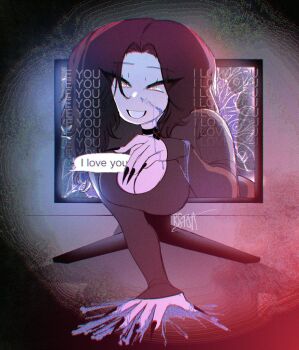 1girl arm_support artist_self-insert black_collar black_hair black_nails breasts cleavage collar english_text monitor open_mouth original signature solo through_medium through_screen toa_(r8toa) upper_body yandere