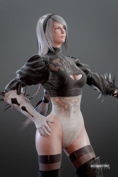 1girl 2b_(nier:automata) 2b_(nier:automata)_(cosplay) 3d absurdres blender_(medium) boots braid cameltoe color_connection company_connection cosplay crossover cyanitro feather-trimmed_sleeves final_fantasy final_fantasy_xvi gloves hair_color_connection highleg highleg_leotard highres jill_warrick leotard long_hair low-tied_long_hair nier:automata nier_(series) single_braid single_glove solo thigh_boots thighhighs thighhighs_under_boots