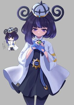 1girl absurdres belt belt_buckle black_dress black_pantyhose blue_gloves blunt_bangs bob_cut buckle chibi chibi_inset coat dress eyelashes gloves grey_background gwynn_(pokemon) hat highres holding holding_paper holding_poke_ball long_sleeves looking_at_viewer magarikado_(mgrkd) multiple_views nest_ball nintendo o-ring o-ring_belt open_clothes open_coat pantyhose paper partially_fingerless_gloves poke_ball pokemon pokemon_legends:_z-a purple_eyes purple_hair short_hair translation_request white_coat wide_sleeves