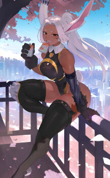 1girl absurdres alternate_costume alternate_hairstyle animal_ears bare_shoulders black_gloves black_leotard black_thighhighs blue_sky boku_no_hero_academia breasts cherry_blossoms cityscape collared_leotard commentary commission covered_navel crescent_print dark-skinned_female dark_skin drink_carton english_commentary falling_petals gloves hand_on_railing hand_up highleg highleg_leotard highres holding holding_juice_box juice_box knee_up kopam korean_commentary large_breasts leotard long_eyelashes long_hair looking_at_viewer mechanical_arms mechanical_ears mechanical_legs mirko mixed-language_commentary mouth_hold notched_ear on_railing parted_bangs petals ponytail rabbit_ears rabbit_girl rabbit_tail railing red_eyes scar scar_on_leg scarf single_mechanical_arm single_mechanical_leg sitting sky smile solo tail taut_leotard thick_thighs thighhighs thighs toned toned_female tree very_long_hair white_hair