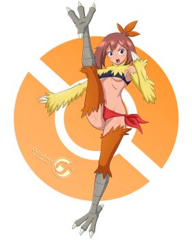 1girl absurdres artist_name bird_legs blue_eyes blush breasts brown_hair combusken combusken_(cosplay) commentary cosplay english_commentary full_body gen_3_pokemon highres kicking may_(pokemon) medium_hair midriff nintendo open_mouth orcaleon poke_ball_symbol pokemon pokemon_rse small_breasts solo standing standing_on_one_leg