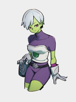 1girl bag belt bodysuit breasts cheelai closed_mouth colored_skin cropped_legs dragon_ball dragon_ball_super gloves green_skin grey_background grey_hair kemachiku medium_breasts purple_bodysuit short_hair short_sleeves simple_background skin_tight smile solo white_gloves