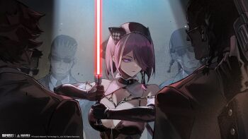 1girl 6+boys absurdres bare_shoulders black_gloves black_hair black_jacket black_leotard bob_cut braid breasts copyright_name copyright_notice cornrows detached_collar elbow_gloves energy_sword gloves grey_background gun hair_ornament hair_over_one_eye handgun highres holding holding_gun holding_sword holding_weapon jacket large_breasts leotard lightsaber logo looking_at_viewer multiple_boys official_art official_wallpaper one_eye_covered purple_eyes purple_hair red_lightsaber revolver short_hair spaghetti_strap spotlight sunglasses surrounded sword upper_body weapon xinyue_tongxing yuren_(xinyue_tongxing)