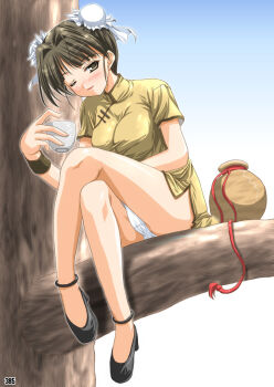 1girl alcohol blush brown_eyes brown_hair bun_cover china_dress chinese_clothes crossed_legs day double_bun dress drinking drunk female_focus full_body hair_bun hairpods high_heels in_tree legs long_legs miyai_sen one_eye_closed outdoors panties pantyshot sake shoes short_hair sitting sitting_in_tree skirt solo thighs tree underwear upskirt white_panties wink yellow_dress yellow_skirt