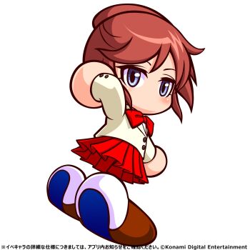 1girl absurdres artist_request blazer bow bowtie brown_hair commentary_request copyright_notice high_ponytail highres jacket jikkyou_powerful_pro_yakyuu jikkyou_powerful_pro_yakyuu_(style) jikkyou_powerful_soccer looking_back no_mouth off_shoulder official_art pleated_skirt ponytail power_pro_kun_pocket power_pro_kun_pocket_10 purple_eyes rayman_limbs red_bow red_bowtie red_skirt school_uniform shinjou_shian skirt solo translation_request white_background