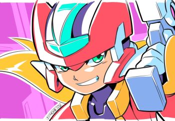 1boy armor close-up energy_gun forehead_jewel green_eyes gun helmet holding holding_gun holding_weapon male_focus mega_man_(series) mega_man_zx model_zx_(mega_man) purple_background red_armor red_helmet simple_background smirk solo tomycase vent_(mega_man) weapon