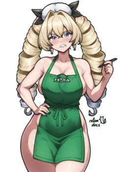 absurdres angry apron blonde_hair blue_eyes breasts clenched_teeth drill_hair earrings facing_viewer goddess_of_victory:_nikke hair_intakes hand_on_own_hip highres holding holding_pen hoop_earrings jewelry large_breasts long_hair looking_at_viewer naked_apron pen rotomdocs sidelocks solo teeth twin_drills twintails v-shaped_eyebrows yoyo_(nikke)
