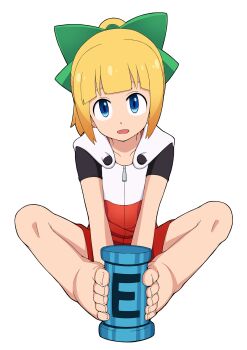 1girl barefoot blonde_hair blue_eyes commentary_request energy_tank feet hair_ribbon highres hood hoodie jankovsky long_hair mega_man_(classic) mega_man_(series) open_mouth ribbon robot_girl roll_(mega_man) simple_background solo toes translation_request white_background
