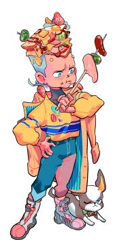 1boy alternate_costume blue_eyes bulzizzang cheese denim earrings eating egg egg_(food) food food_on_head fruit full_body highres iggy_(jojo) jacket jean_pierre_polnareff jeans jewelry jojo_no_kimyou_na_bouken lettuce long_sleeves male_focus meat object_on_head one_eye_closed orange_(fruit) orange_slice pants shirt simple_background skewer solo standing stardust_crusaders strawberry sunny_side_up_egg white_background white_hair yellow_shirt