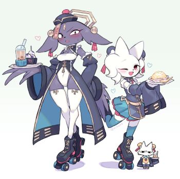 2girls apron black_coat black_shirt blue_fur blush breasts bubble_tea cat_girl chibi chinese_clothes coat cup detached_sleeves disposable_cup eyeball full_body furry furry_female goumang_(nine_sols) heng_(nine_sols) highleg highleg_leotard highres jiangshi leotard long_sleeves looking_at_viewer maid medium_breasts multiple_girls nine_sols ofuda qi_maid rikose roller_skates shirt skates thighhighs white_apron white_fur white_leotard white_thighhighs wide_sleeves winged_arms wings yi_(nine_sols)