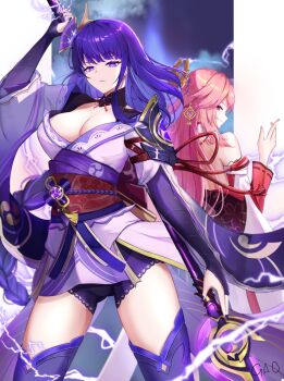 2girls animal_ear_piercing animal_ears armor artist_name blunt_bangs blurry blurry_background braid breasts bridal_gauntlets cleavage commentary couple detached_sleeves electricity engulfing_lightning_(genshin_impact) fan_hair_ornament fox_ears fox_girl gao_kawa genshin_impact hair_between_eyes hair_ornament headpiece highres holding holding_polearm holding_sword holding_weapon huge_breasts japanese_clothes katana kimono large_breasts lingerie long_braid long_hair long_sleeves looking_at_viewer looking_to_the_side mitsudomoe_(shape) mole mole_under_eye multiple_girls musou_isshin_(genshin_impact) neck_ribbon off_shoulder outdoors pink_hair polearm purple_eyes purple_hair purple_kimono purple_thighhighs raiden_shogun red_ribbon red_sash ribbon sash shade shoulder_armor standing sword thighhighs thighs tomoe_(symbol) underwear upper_body weapon wide_sleeves yae_miko yuri