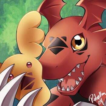 Rule 34 | claws, colored skin, cookie, digimon, digimon (creature), food, guilmon, holding, holding cookie, holding food, looking at viewer, no humans, open mouth, orange eyes, red skin, rubixkun, sharp teeth, signature, solo, teeth
