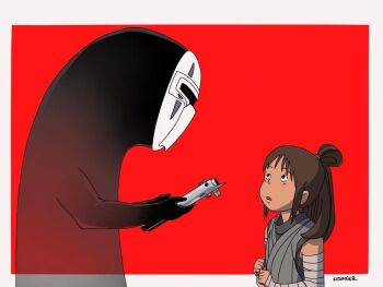 Rule 34 | 1girl, armband, black eyes, brown hair, cosplay, energy sword, studio ghibli, ghost, kaonashi, kylo ren (cosplay), lightsaber, mashup, ogino chihiro, rey (star wars) (cosplay), sen to chihiro no kamikakushi, star wars, star wars: the last jedi, studio ghibli, sword, weapon