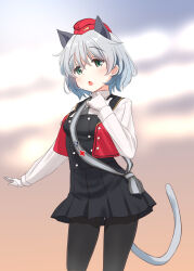 Rule 34 | 1girl, animal ears, black dress, black pantyhose, cat ears, cat tail, commentary, cosplay, day, dress, dress shirt, garrison cap, gloves, green eyes, grey hair, hand on own chest, hat, highres, long sleeves, luminous witches, necktie, open mouth, outdoors, pantyhose, pinafore dress, pleated dress, red hat, red vest, retsumaru, sanya v. litvyak, sash, shirt, short dress, short hair, sleeveless, sleeveless dress, solo, standing, strike witches, tail, vest, white gloves, white shirt, world witches series