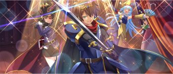 1boy 3girls ;d aqua_(konosuba) armor armpit_crease arue_(konosuba) asymmetrical_sleeves belt black_cloak black_gloves black_hat black_skirt black_thighhighs blue_armor blue_eyes blue_hair blue_hat blue_sleeves blush book bow breasts brown_belt brown_hair circlet cloak closed_mouth cosplay curtains detached_sleeves dress dress_shirt drill_hair drill_sidelocks elbow_gloves eyepatch facial_mark fingerless_gloves game_cg garter_straps gloves green_eyes hair_between_eyes hair_bow hair_over_one_eye hair_over_shoulder hand_fan hand_on_headwear hat high_belt highres holding holding_book holding_fan holding_sword holding_weapon indoors jester jester_cap jester_costume jumping kono_subarashii_sekai_ni_shukufuku_wo! konosuba!_fantastic_days large_breasts long_dress long_hair long_sleeves looking_at_viewer low_twintails mark_under_both_eyes miniskirt mismatched_sleeves mitsurugi_kyouya mitsurugi_kyouya_(cosplay) multiple_girls neck_ruff off-shoulder_dress off_shoulder official_alternate_costume official_art one_eye_closed open_mouth outstretched_arms parted_lips pencil_skirt pink_bow pink_dress purple_shirt reading red_eyes satou_kazuma script shade shirt short_hair side_slit sidelocks single_garter_strap single_thighhigh skirt smile smirk smug sparkle_facial_mark spotlight spread_arms standing sword teardrop_facial_mark thighhighs twintails two-tone_hat v-shaped_eyebrows water weapon white_gloves witch_hat yellow_hat yellow_sleeves yunyun_(konosuba)