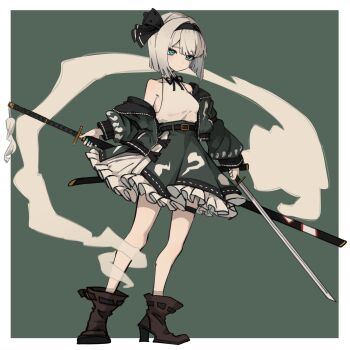 Rule 34 | 1girl, anderson m0311, aqua eyes, aqua nails, bare shoulders, belt, black belt, black hairband, black ribbon, boots, brown boots, closed mouth, commentary, full body, green background, green jacket, hairband, highres, holding, holding sword, holding weapon, jacket, katana, konpaku youmu, konpaku youmu (ghost), long sleeves, looking at viewer, neck ribbon, open clothes, open jacket, ribbon, shirt, short hair, single off shoulder, sleeveless, sleeveless shirt, solo, standing, sword, thigh strap, touhou, weapon, white hair, white shirt, zipper