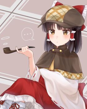 ... 1girl alternate_costume argyle_background back_bow blush boots bow brown_background brown_capelet brown_eyes brown_hat capelet commentary_request feet_out_of_frame flat_cap forbidden_scrollery frilled_bow frilled_hair_tubes frills hair_bow hair_tubes hakurei_reimu hat highres holding holding_smoking_pipe light_frown petticoat red_bow red_shirt red_skirt reimu_tyuki shirt sitting skirt smoke_ring smoking_pipe solo spoken_ellipsis touhou white_boots white_sleeves